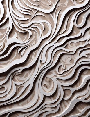 The primary subject of the image is a white sculpture or artwork, which appears to be a three-dimensional representation of a wave or a flowing water pattern. The setting is a wall, and the visual style is a combination of digital art and illustration. The colors and mood of the image are predominantly white, giving it a clean and minimalist appearance.