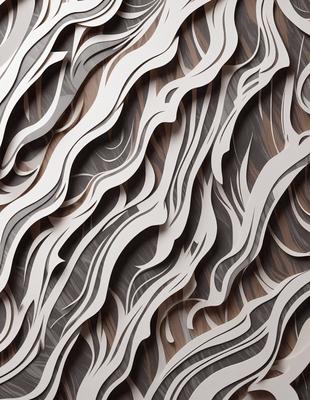 The primary subject of the image is a large, intricate, and artistic design made of wood. The setting is a wall, and the visual style is a combination of photo and digital art. The design features a mix of wood and metal, creating a unique and eye-catching pattern. The colors and mood of the image are predominantly brown and earthy, giving it a warm and natural feel.