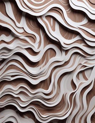 The primary subject of the image is a large, intricate, and textured wall made of white and brown materials. The setting is a room with a wooden wall, and the visual style appears to be a combination of digital art and illustration. The dominant colors are white and brown, creating a warm and inviting atmosphere.