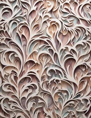 The primary subject of the image is a large, intricate, and colorful paper cutout of a flower. The setting is a wall, and the visual style is a combination of digital art and illustration. The dominant colors in the image are pink, blue, and brown, creating a warm and vibrant atmosphere.