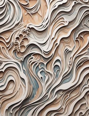The primary subject of the image is a large, intricate, and detailed artwork made of paper. The artwork features a combination of blue and white colors, creating a visually striking and unique piece. The setting is a wall, where the artwork is displayed, and the visual style is a blend of digital art and traditional paper crafting. The overall atmosphere of the image is one of creativity and artistic expression.