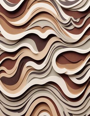 The primary subject of the image is a large, intricate wallpaper design featuring a pattern of waves. The setting is a wall, and the visual style appears to be a combination of photo and digital art. The colors and mood of the image are predominantly brown and white, creating a warm and textured atmosphere.