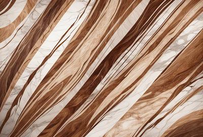 The primary subject of the image is a wooden wall with a unique and intricate design. The setting is a room with a white marble floor, which contrasts with the wooden wall. The visual style of the image is a combination of a photo and digital art, creating a striking and artistic pattern. The colors and mood of the image are predominantly brown and earthy tones, giving the space a warm and natural ambiance.