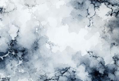 The primary subject of the image is a blue and white painting of a cloudy sky. The setting is a cloudy sky, and the visual style is a painting. The dominant colors are blue and white, creating a calm and serene atmosphere.