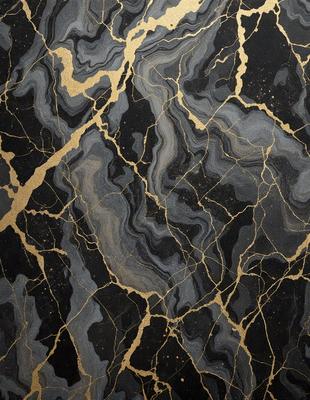 The primary subject of the image is a black and gold marble-like surface. The setting is a dark room, and the visual style appears to be a combination of a photo and digital art. The dominant colors are black and gold, creating a luxurious and elegant atmosphere.