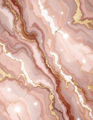 The primary subject of the image is a marbled wall with gold accents. The setting is a room with a pink marbled wall, and the visual style is a close-up of the wall. The colors and mood of the image are warm and inviting, with the gold accents adding a touch of luxury and sophistication.