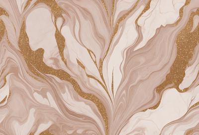 The primary subject of the image is a gold and white marble pattern. The setting is a marble wall, and the visual style is a combination of photo and digital art. The dominant colors are gold and white, creating a luxurious and elegant atmosphere.