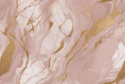 The primary subject of the image is a marble wall with gold accents. The setting is a room with a pink background. The visual style is a combination of photo and digital art, creating a unique and eye-catching design. The dominant colors are pink and gold, giving the wall a luxurious and elegant appearance.