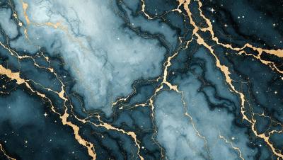The primary subject of the image is a blue and gold swirling pattern, which appears to be a painting or drawing. The setting is a dark blue background, and the visual style is a combination of digital art and illustration. The dominant colors are blue and gold, creating a rich and vibrant atmosphere.