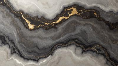 The primary subject of the image is a marble-like surface with gold accents. The setting is a rocky, textured surface, possibly a marble countertop. The visual style is a combination of photo and digital art, creating a unique and intricate design. The colors and mood of the image are predominantly dark, with the gold accents adding a touch of warmth and sophistication.