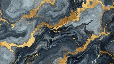 The primary subject of the image is a close-up of a marble-like stone with gold accents. The setting is a stone surface, and the visual style appears to be a combination of a photo and digital art. The dominant colors are blue and gold, creating a striking and luxurious atmosphere.