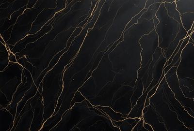 The primary subject of the image is a black marble countertop with gold veins running through it. The setting is a kitchen, and the visual style is a close-up of the marble countertop. The dominant colors are black and gold, creating a luxurious and elegant atmosphere.