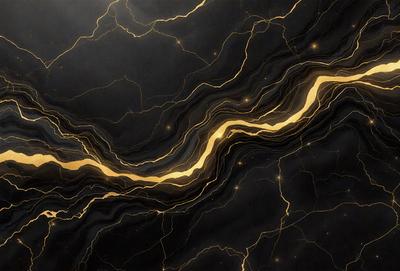 The primary subject of the image is a gold line on a black background. The setting is a black and gold marble-like surface, which adds a sense of luxury and sophistication to the scene. The visual style is a combination of digital art and illustration, creating a unique and eye-catching design. The colors and mood of the image are predominantly black and gold, giving it a sleek and elegant appearance.