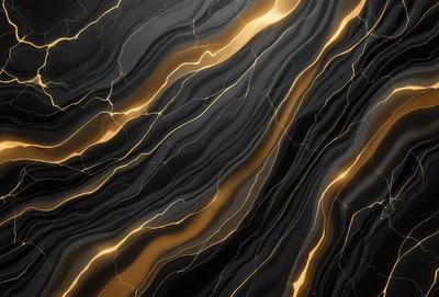 The primary subject of the image is a black and yellow marble wall. The setting is a dark room with a black background, which contrasts with the yellow and black marble. The visual style is a close-up of the marble wall, showcasing its unique texture and pattern. The colors and mood of the image are dramatic and moody, with the yellow and black marble creating a striking contrast against the dark background.