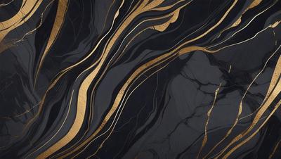 The primary subject of the image is a black and gold marble pattern. The setting is a dark background, which contrasts with the gold and black marble pattern. The visual style is a combination of digital art and illustration, creating a unique and intricate design. The colors and mood of the image are dark and dramatic, with the gold and black marble pattern adding a touch of luxury and sophistication.