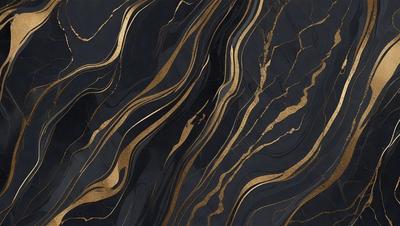 The primary subject of the image is a marble countertop with a gold-colored design. The setting is a kitchen, and the visual style is a close-up of the countertop. The colors and mood of the image are predominantly black and gold, giving it a luxurious and elegant appearance.