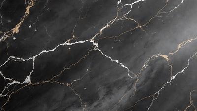 The primary subject of the image is a black and gold marble wall. The setting is a dark room with a black and gold marble wall as the main focus. The visual style is a close-up of the marble wall, showcasing its intricate patterns and textures. The colors and mood of the image are dark and dramatic, with the gold and black marble creating a striking contrast against the black background.