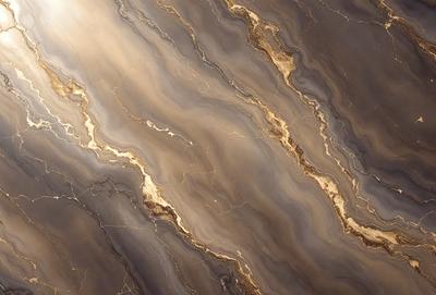 The primary subject of the image is a marble countertop with a gold-colored pattern. The setting is a kitchen, and the visual style is a close-up of the marble countertop. The colors and mood of the image are warm and elegant, with the gold pattern adding a touch of luxury to the marble surface.