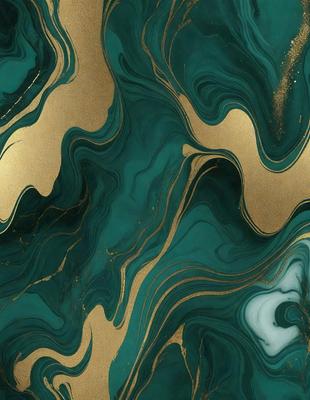 The primary subject of the image is a close-up of a green and gold marbled wallpaper. The setting is a room with a gold and green marbled wallpaper, which creates a unique and visually appealing atmosphere. The visual style is a close-up of the wallpaper, showcasing its intricate design and colors. The dominant colors are gold and green, giving the wallpaper a luxurious and elegant appearance.