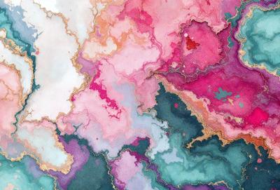 The primary subject of the image is a colorful painting featuring a mix of pink, purple, blue, and gold colors. The painting is set against a white background, creating a striking contrast. The visual style of the painting appears to be a combination of digital art and illustration, with a focus on intricate patterns and textures. The dominant colors and overall atmosphere of the painting evoke a sense of vibrancy and creativity.