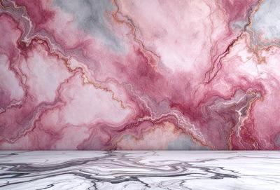 The primary subject of the image is a large, colorful painting on a wall. The painting features a combination of pink, red, and white colors, creating a vibrant and lively atmosphere. The setting is a room with a table, and the visual style appears to be a mix of digital art and traditional painting techniques. The painting is displayed on a wall, and the colors and mood convey a sense of energy and creativity.
