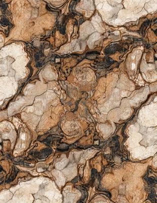 The image features a marble-like pattern with a mix of brown and white colors. The primary subject is a close-up of the marble pattern, showcasing its intricate details. The setting is a stone or marble surface, which serves as the background. The visual style is a close-up of the marble pattern, emphasizing its texture and patterns. The colors and mood of the image are warm and earthy, with a sense of natural beauty and elegance.