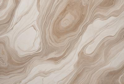 The image features a marble-like surface with a pattern of swirls and waves. The primary subject is the intricate design of the marble, which creates a visually appealing and textured surface. The setting is a room with a white background, which highlights the marble's beauty. The visual style is a close-up of the marble, showcasing its unique pattern and texture. The colors and mood of the image are predominantly neutral, with the marble's natural hues and the