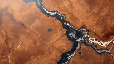 The image features a brown and black landscape with a river running through it. The river is surrounded by a dirt surface, giving the scene a natural and earthy appearance. The primary subject of the image is the river, which is the focal point of the scene. The setting and background consist of the dirt surface and the river, creating a serene and peaceful atmosphere. The visual style of the image is a combination of photo and digital art, giving it a unique and artistic quality. The colors and mood of the image