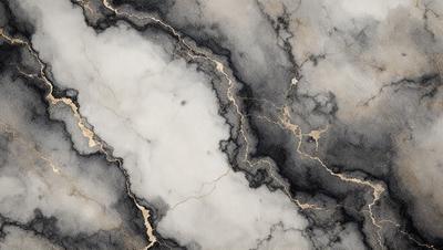 The primary subject of the image is a marble-like surface with a cloudy pattern. The setting is a stone wall, and the visual style appears to be a combination of a photo and digital art. The dominant colors are grays and blacks, creating a moody atmosphere.