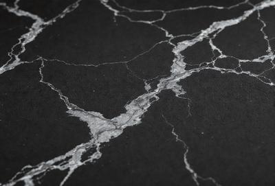 The primary subject of the image is a close-up of a black and white marble surface. The setting is a dark room, and the visual style is a photo. The colors and mood of the image are predominantly black and white, giving it a classic and timeless appearance.