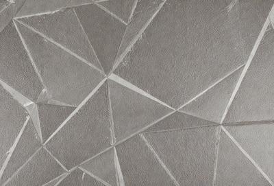 The primary subject of the image is a large, gray, textured wall with a pattern of triangles. The setting is a room with a gray stone wall, and the visual style is a close-up of the wall. The colors and mood of the image are predominantly gray, giving it a calm and serene atmosphere.