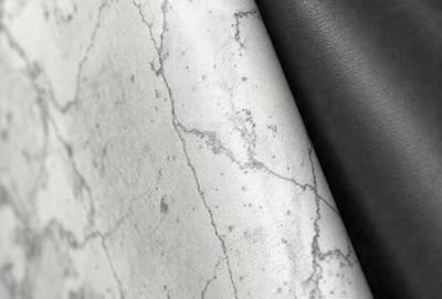 The primary subject of the image is a marble-like surface with a white and grey color scheme. The setting is a leather-like material, which is the background of the image. The visual style appears to be a combination of a photo and digital art, creating a unique and intriguing appearance. The colors and mood of the image are predominantly neutral, with a touch of elegance and sophistication.