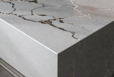 The primary subject of the image is a grey countertop with a leather-like texture. The setting is a kitchen or a similar environment, with the countertop being the main focus. The visual style is a close-up of the countertop, showcasing its unique texture. The colors and mood of the image are predominantly grey, giving it a modern and sophisticated appearance.
