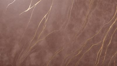 The primary subject of the image is a brown leather surface with a pattern of gold streaks. The setting is a room with a brown wall, and the visual style is a close-up of the leather surface. The colors and mood of the image are warm and earthy, with the gold streaks adding a touch of luxury and sophistication.