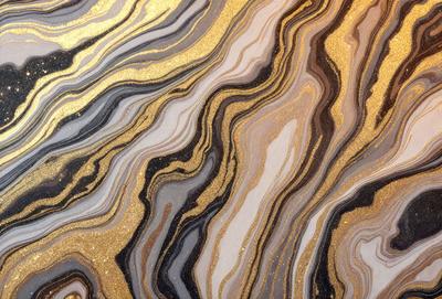 The primary subject of the image is a close-up of a marble-like surface with gold accents. The setting is a patterned surface, possibly a marble or stone countertop. The visual style is a combination of a photo and digital art, creating a unique and intricate design. The colors and mood of the image are predominantly gold and earthy tones, giving it a luxurious and elegant appearance.