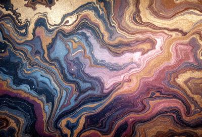 The primary subject of the image is a close-up of a colorful, swirling pattern. The setting is a dark background, which contrasts with the vibrant colors of the pattern. The visual style appears to be a combination of a photo and a digital art or illustration, as the colors and patterns are intricate and detailed. The dominant colors in the image are purple, blue, and orange, creating a lively and energetic atmosphere.