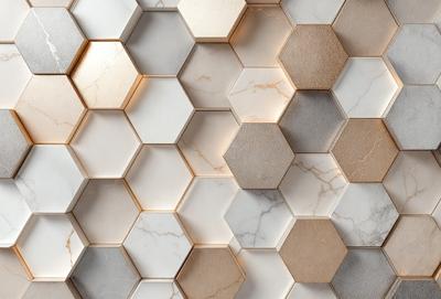 The primary subject of the image is a marble wall with a pattern of hexagonal shapes. The setting is a room with a white marble wall, and the visual style is a close-up of the marble wall. The dominant colors are white and gold, giving the wall a luxurious and elegant appearance.