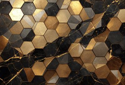 The primary subject of the image is a close-up of a marble surface with a gold and black pattern. The setting is a room with a black and gold marble wall. The visual style is a combination of a photo and digital art, creating a unique and intricate design. The colors and mood of the image are predominantly gold and black, giving it a luxurious and elegant appearance.