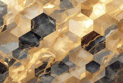 The primary subject of the image is a close-up of a marble surface with a gold pattern. The setting is a room with a marble wall, and the visual style is a combination of a photo and digital art. The colors and mood of the image are warm and luxurious, with the gold pattern and marble surface creating an elegant and sophisticated atmosphere.