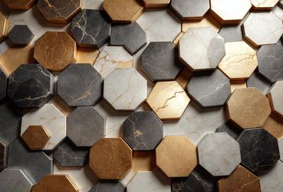 The primary subject of the image is a pattern of hexagonal tiles, which are arranged in a visually appealing manner. The setting is a white surface, which serves as a backdrop for the tiles. The visual style of the image is a combination of photo and digital art, creating a unique and intricate design. The dominant colors in the image are black and gold, giving the pattern a sophisticated and elegant appearance.