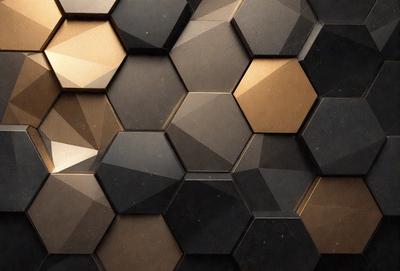 The primary subject of the image is a close-up of a patterned surface, which appears to be a black and gold honeycomb pattern. The setting is a black and gold honeycomb patterned wall, which serves as the background. The visual style of the image is a close-up of the pattern, showcasing the intricate details of the honeycomb pattern. The colors and mood of the image are predominantly black and gold, giving it a sophisticated and elegant appearance.