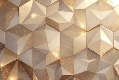 The primary subject of the image is a gold-colored wall with a geometric pattern. The setting is a room with a gold-colored wall, and the visual style is a close-up of the wall. The dominant colors are gold and white, creating a warm and elegant atmosphere.