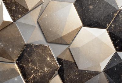 The primary subject of the image is a pattern of hexagonal shapes, which are arranged in a visually appealing manner. The setting is a wall, and the visual style is a combination of digital art and illustration. The dominant colors are gold and black, creating a sophisticated and elegant atmosphere.
