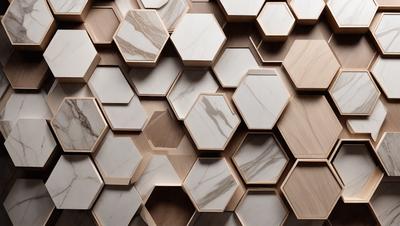 The primary subject of the image is a wall with a pattern of hexagonal shapes made of marble. The setting is a room with a wooden surface, and the visual style is a close-up of the marble pattern. The dominant colors are white and brown, and the overall atmosphere is elegant and sophisticated.