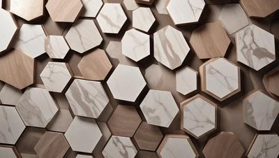 The primary subject of the image is a wall with a pattern of hexagonal shapes made of marble. The setting is a room with a wooden surface, and the visual style is a close-up of the marble pattern. The dominant colors are white and gray, giving the wall a clean and elegant appearance.