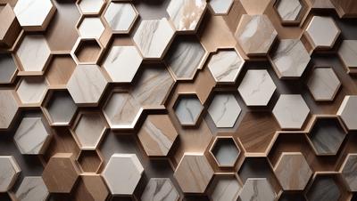 The primary subject of the image is a wall with a unique and intricate design. The wall features a pattern of hexagons, which are arranged in a honeycomb-like structure. The setting is indoors, with the wall being the main focus of the scene. The visual style of the image is a combination of digital art and illustration, creating a striking and eye-catching pattern. The dominant colors in the image are shades of brown and white, giving the wall a warm and earthy appearance.