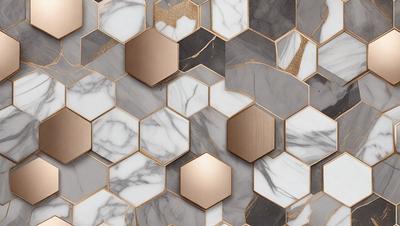 The primary subject of the image is a marble wall with a pattern of hexagons. The setting is a room with a marble floor, and the visual style is a close-up of the marble wall. The colors and mood of the image are predominantly neutral, with the marble providing a sense of elegance and sophistication.