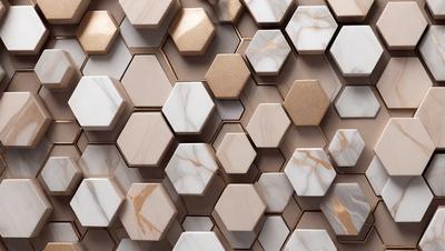 The primary subject of the image is a marble wall with a pattern of hexagonal shapes. The setting is a room with a marble wall, and the visual style is a close-up of the marble wall. The dominant colors are white and gold, giving the wall a luxurious and elegant appearance.