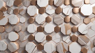 The primary subject of the image is a wall with a pattern of hexagonal shapes made of marble. The setting is a room with a marble wall, and the visual style is a close-up of the marble wall. The dominant colors are white and gold, giving the wall a luxurious and elegant appearance.
