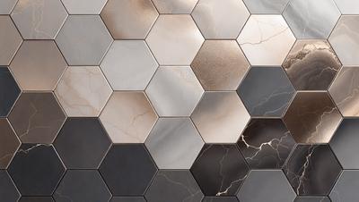 The primary subject of the image is a close-up of a tile wall with a hexagonal pattern. The setting is a bathroom, as indicated by the presence of a mirror. The visual style is a combination of a photo and digital art, creating a unique and intricate design. The dominant colors are black and white, with some grays and browns, giving the image a modern and sophisticated appearance.